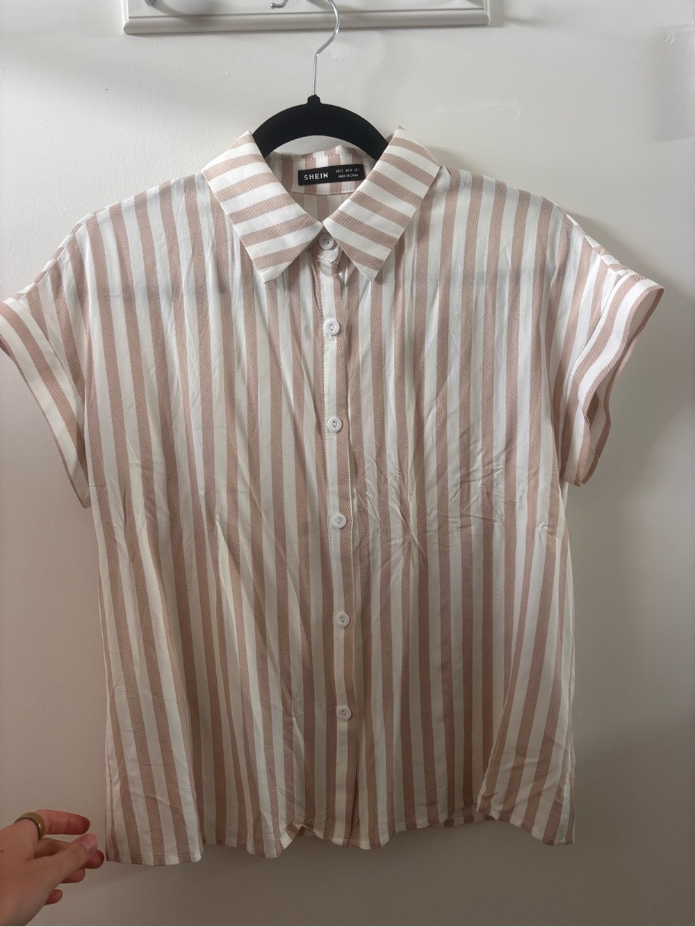 SHEIN Beige and White Vertical Stripe Short-Sleeve Button-Down Shirt